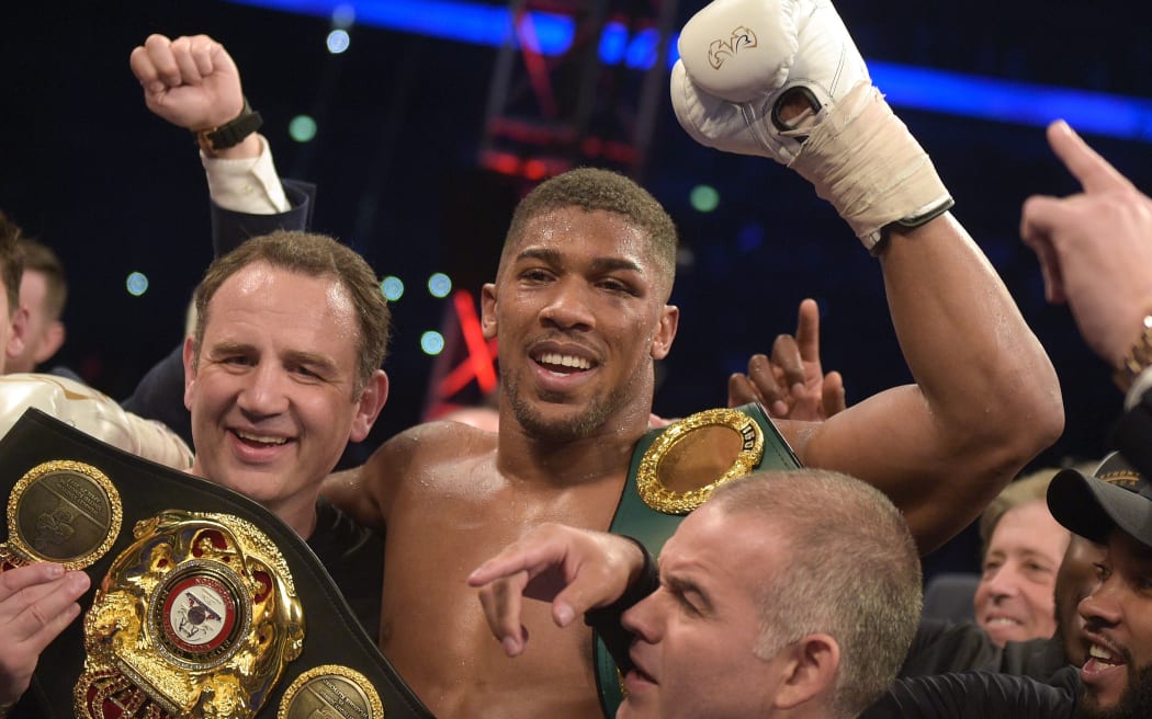 Anthony Joshua celebrating victory over Wladimir Klitschko in 2017