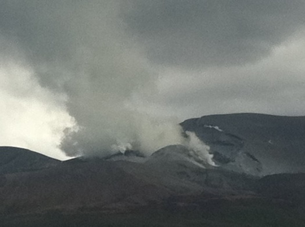 A tower of steam and ash rises from the latest eruption at Te Maari craters.