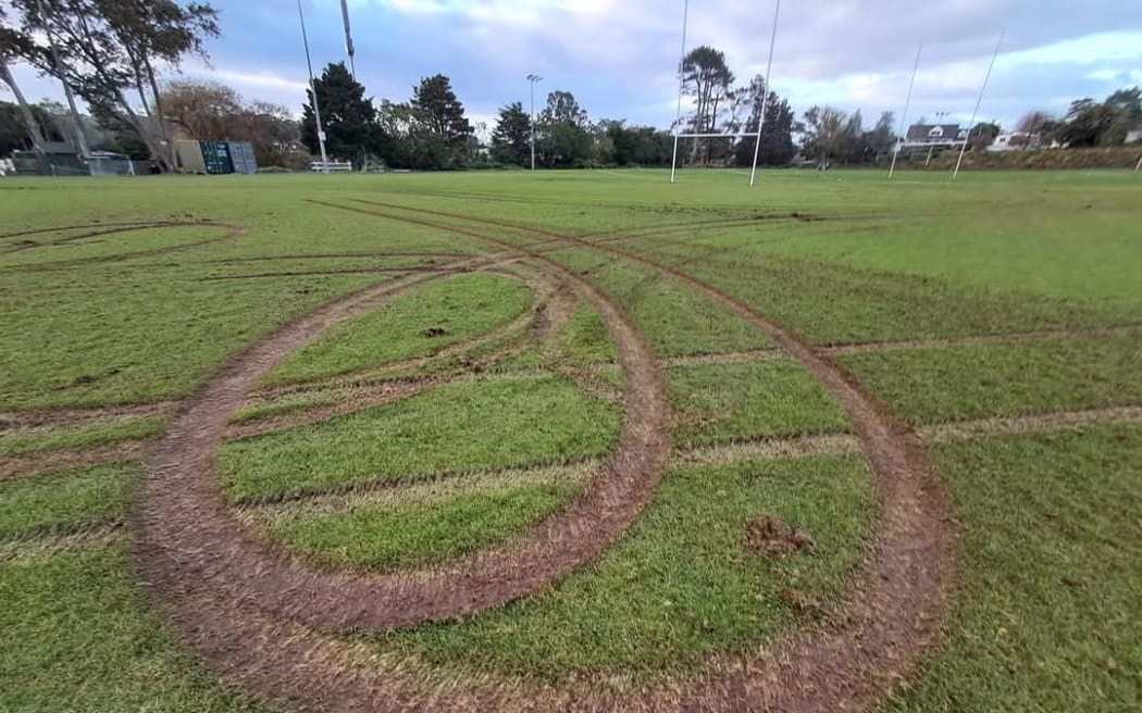The damage caused to the rugby field at Kumeū.