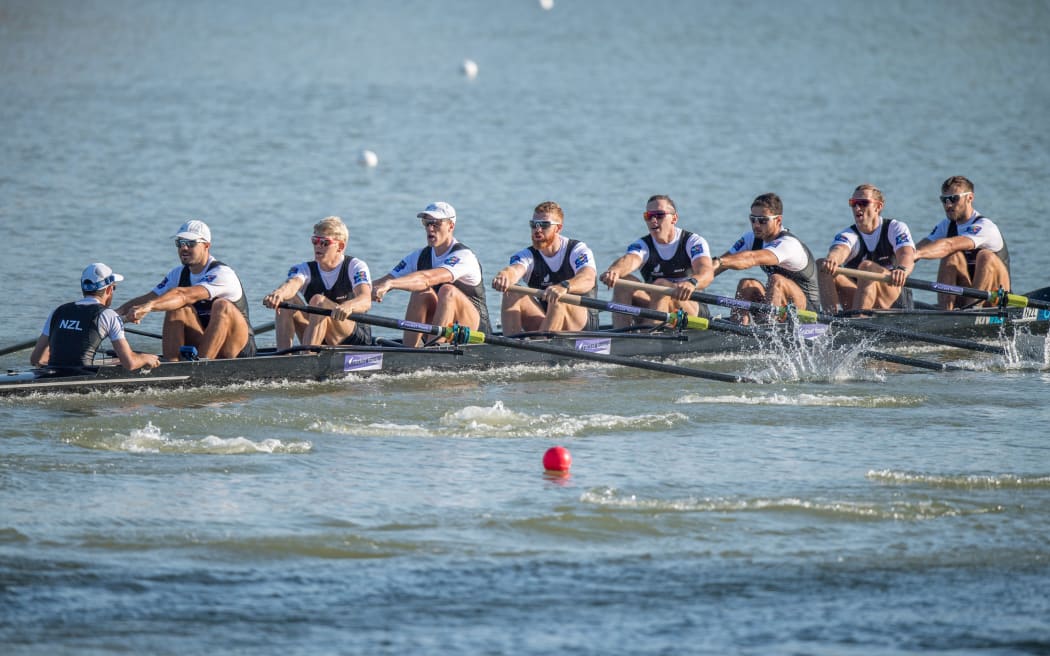 Stephen Jones (s), James Lassche, Isaac Grainger, Shaun Kirkham, Cameron Webster, Martyn O Leary, Brook Robertson, Phillip Wilson (b) and Caleb Shepherd (c) New Zealand Mens Eight 2018 World Rowing Championships.