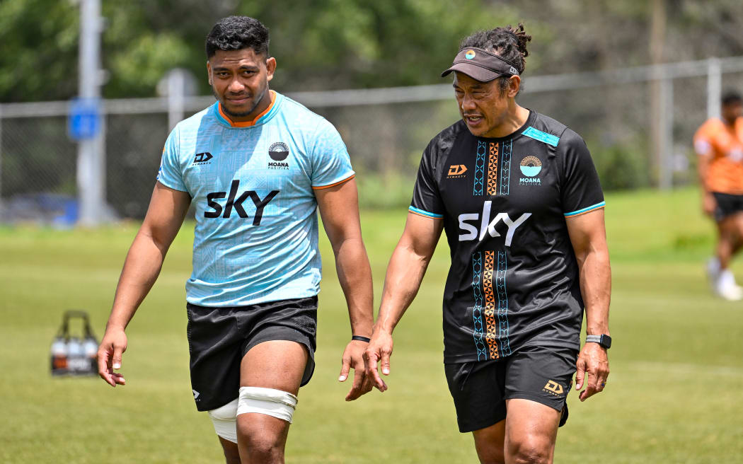 Moana Pasifika head coach Fa'alogo Tana Umaga and Moana Pasifka captain Miracle Faiilagi after training.
Media opporturnity, Moana Pasifika 2026 Captain Announcement at North Harbour Stadium, Albany, Auckland, New Zealand on Tuesday 13 January 2026. Photo credit: Alan Lee / Photosport