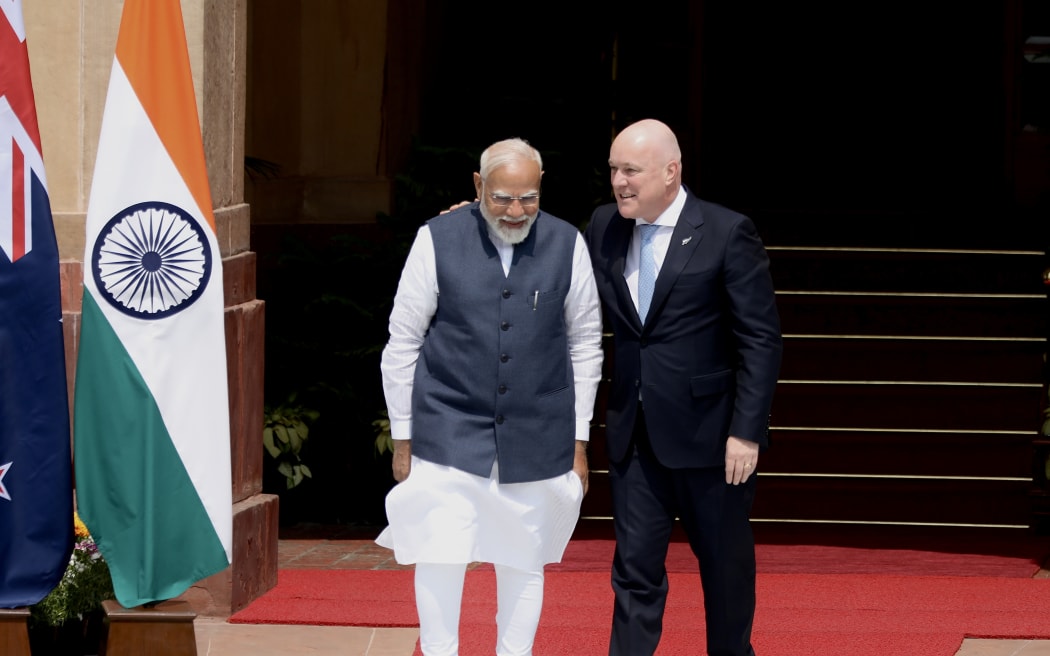 Christopher Luxon is welcomed by Indian PM Narendra Modi at Hyderabad House in New Delhi