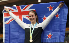 Ellesse Andrews at the medal presentation ceremony for the women's keirin cycling event at the Commonwealth Games, at Lee Valley VeloPark in east London, on August 1, 2022.
