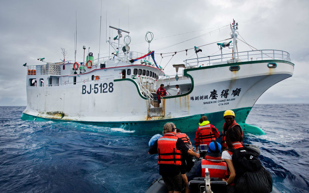 Greenpeace activists prepare to board illegal fishing vessel Shuen De Ching No 888. The Rainbow Warrior travels in the Pacific to expose out of control tuna fisheries. Tuna fishing has been linked to shark finning, overfishing and human rights abuses.
9 Sep, 2015