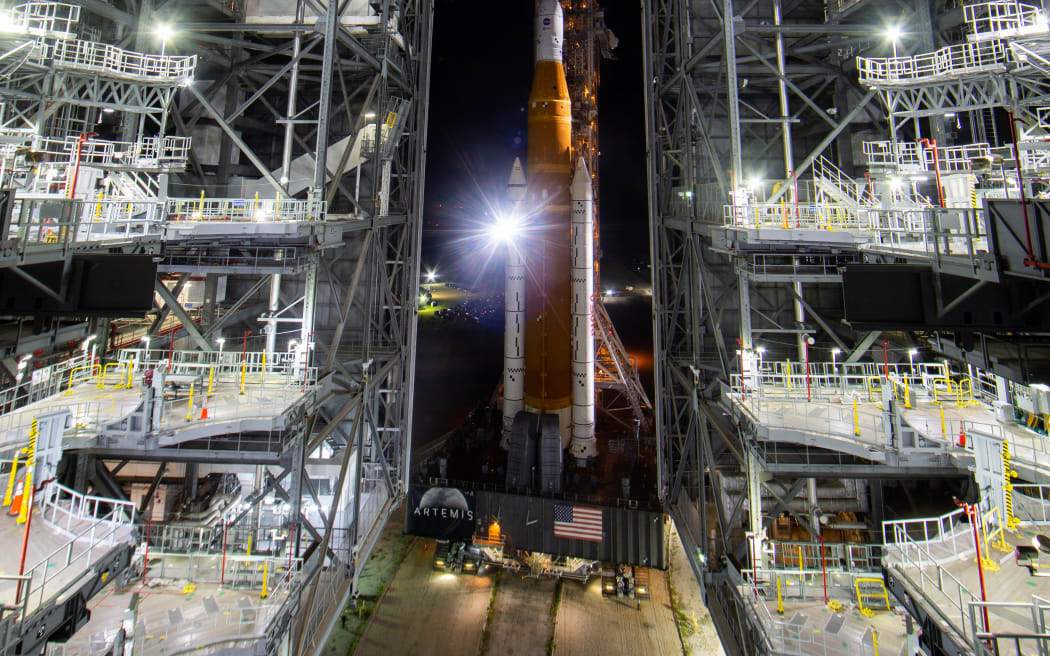 The Orion spacecraft and Space Launch System, at sunrise, at NASA’s Kennedy Space Center in Florida, on 16 August 2022.