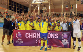 New Caledonia's AS PTT celebrates winning the OFC Futsal Men's Champions League 2024 final in Noumea, New Caledonia, Sunday 28 April 2024. Photo: Shane Wenzlick / www.phototek.nz