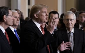United States President Donald Trump talks to the press after the Republican Policy luncheo on January 9, 2019 in Washington, DC. L-R: Senator John Barrasso, US Vice President Mike Pence, Trump, US Senate Majority Leader Mitch McConnell