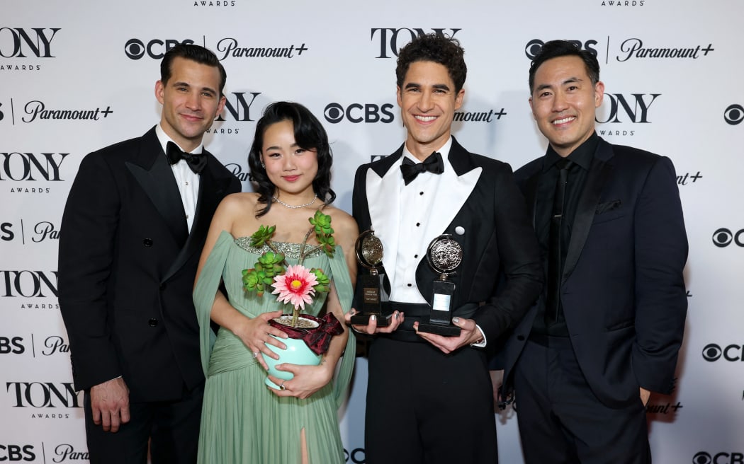 (L-R) Dez Duron, Helen J. Shen, Darren Criss and Marcus Choipose with the Best Musical award for "Maybe Happy Ending" at the 78th Annual Tony Awards.