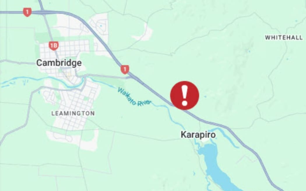 A screenshot showing a crash on State Highway 1 south of Cambridge.