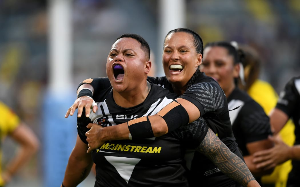 Mele Hufanga celebrates during the Women's Pacific Championship Rugby League match against the Jillaroos  in 2023.