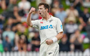 Matt Henry of New Zealand celebrates a wicket.