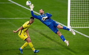 SYDNEY, AUSTRALIA - JULY 25: Wellington Phoenix goalkeeper Stefan Marinovic (1) dives to make a save during the round A-League soccer match between Wellington Phoenix and Adelaide United on July 25, 2020 at Bankwest Stadium in Sydney, Australia. (Photo by Speed Media/Icon Sportswire)