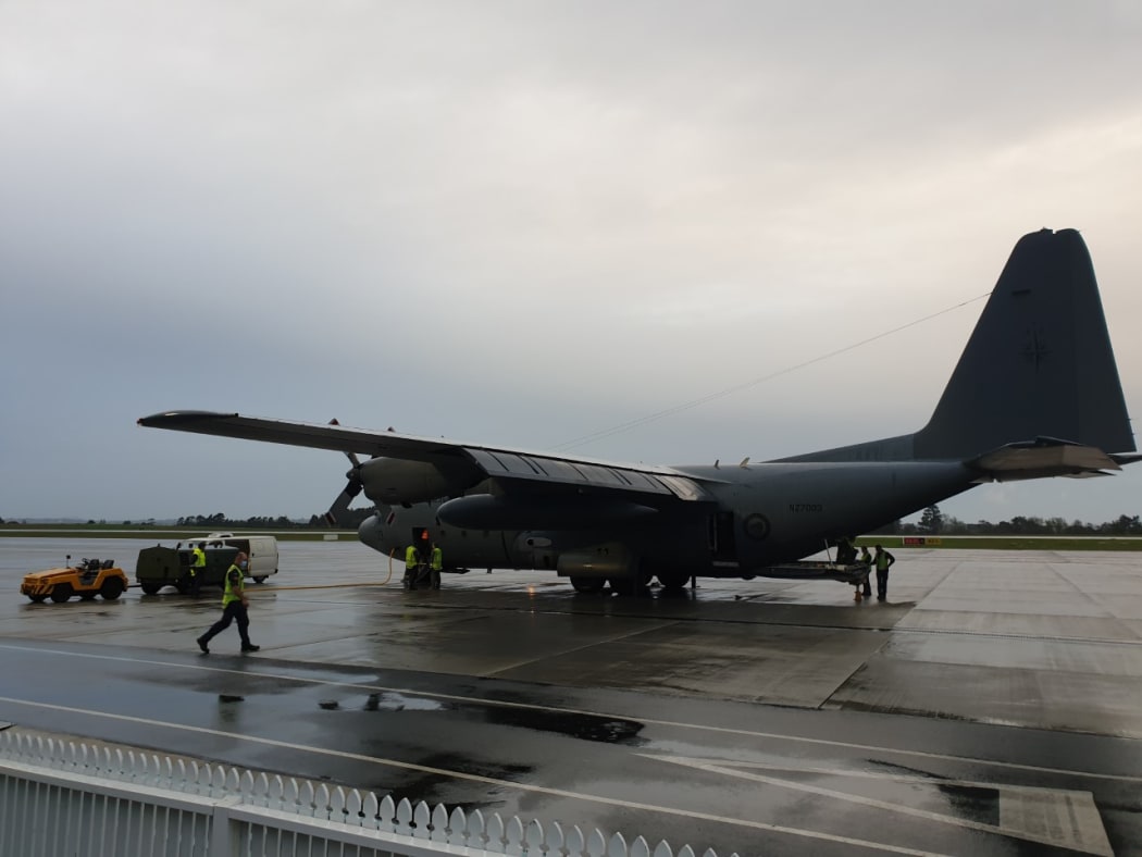 A Defence Force Hercules being readied to leave Whenuapai Air Base for Europe to help distribute donated military aid for Ukraine.