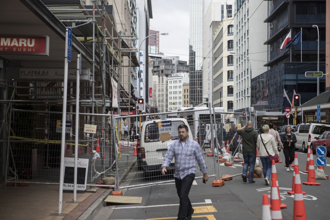 The cordon around quake-damaged buildings on Featherston Street in central Wellington.