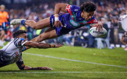 Alofiana Khan-Pereira dives in to score. Wests Tigers v One NZ Warriors. NRL Rugby League, Campbelltown Sports Stadium, NSW, Australia, Friday 10th July 2026 Copyright Photo: David Neilson / www.photosport.nz