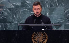 NEW YORK, NEW YORK - SEPTEMBER 25: Ukraine President Volodymyr Zelensky addresses world leaders during the United Nations General Assembly (UNGA) at the United Nations headquarters on September 25, 2024 in New York City. World leaders convened for the General Assembly as the world continues to experience major wars in Gaza, Ukraine, and Sudan along with a threat of a larger conflict in the Middle East.   Spencer Platt/Getty Images/AFP (Photo by SPENCER PLATT / GETTY IMAGES NORTH AMERICA / Getty Images via AFP)