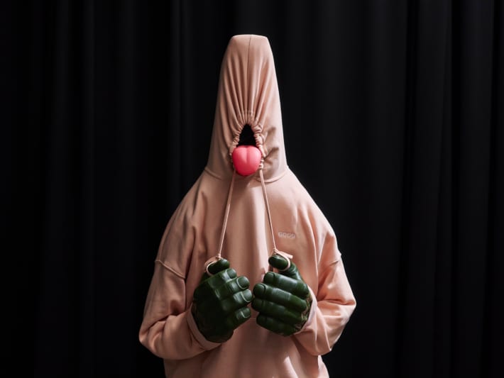 A faceless character in a hooded sweatshirt has a large plastic tongue and chunky green hands like The Incredible Hulk.