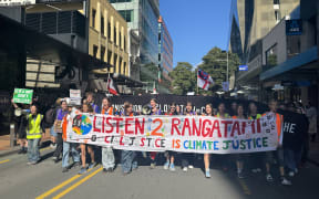 Students take part in a climate protest in Wellington on 5 April 2024.