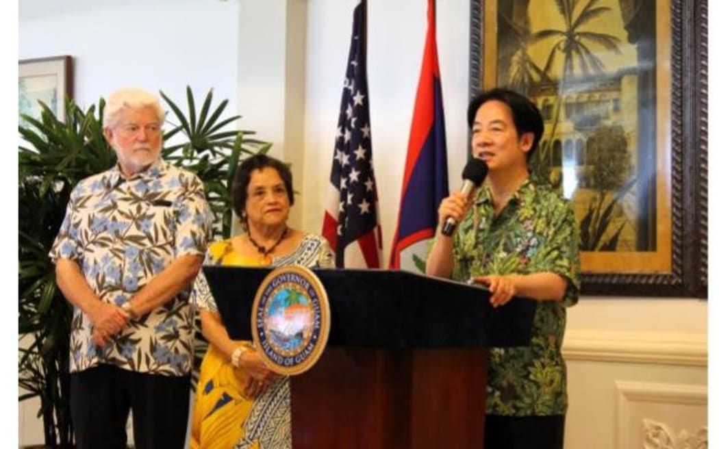 Taiwan President Lai Ching-te delivers public remarks on 5 December, alongside Guam Governor Lou Leon Guerrero.