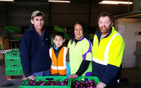 Lincoln, DJ, Makareta and Lance Roper in the packing shed
