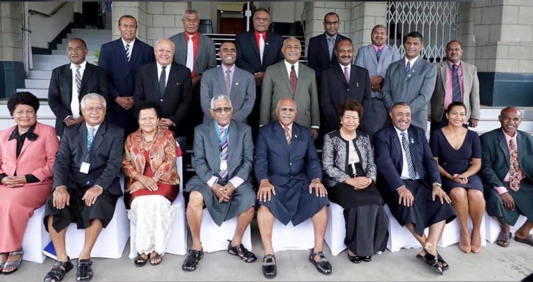 The SODELPA parliamentary caucus with former opposition leader Sitiveni Rabuka seated fifth from the left. Ratu Naiqama Lalabalavu is also seated next to him fourth from the left.