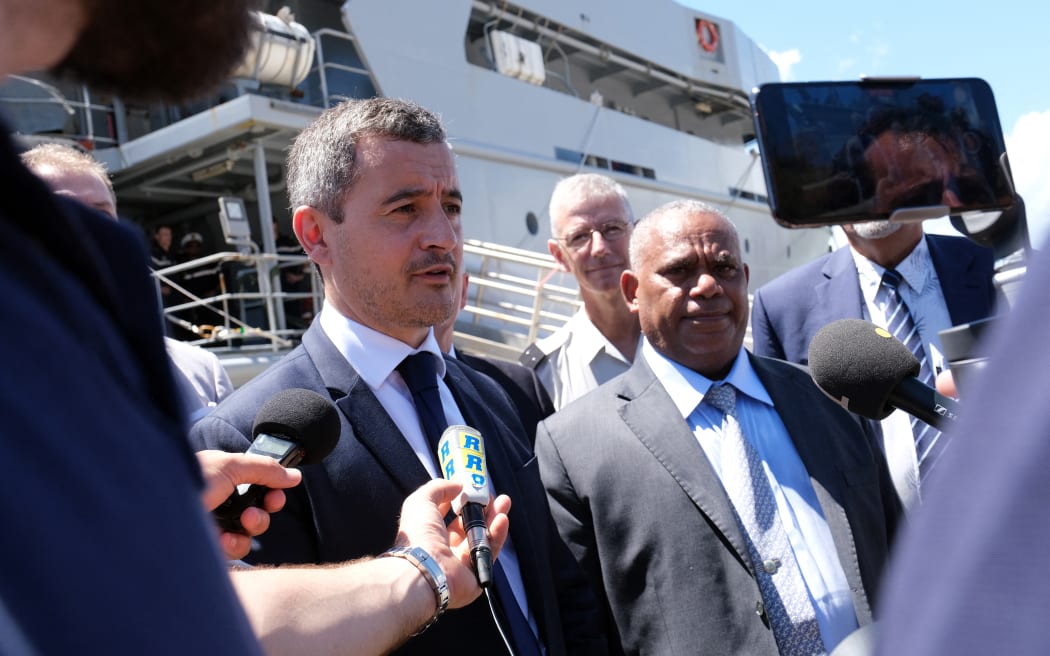 France's Minister of the Interior and Overseas Gerald Darmanin arrives in Port Vila, Vanuatu with Minister of Foreign affairs Jotham Napat.