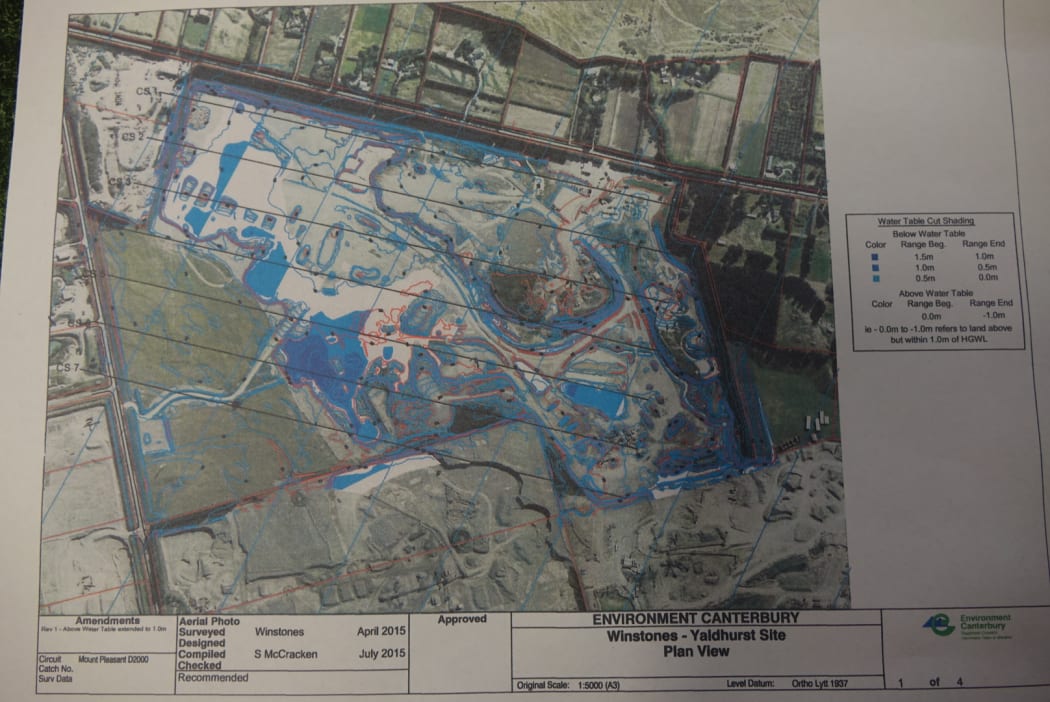 A map of the quarry showing areas where the aquifer has been exposed in blue.