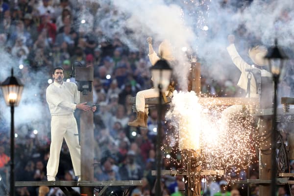 Bad Bunny performs onstage during the Apple Music Super Bowl LX Halftime Show at Levi's Stadium on February 08, 2026 in Santa Clara, California.