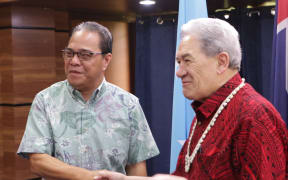 FSM President Wesley Simina (left) with New Zealand Deputy Prime Minister and Foreign Minister Winston Peters. 12 August 2024