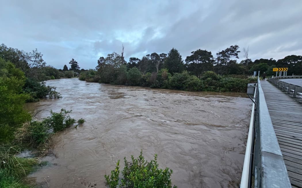 Tauranga-Taupō River north of Tūrangi in flood on 5 June 2025.