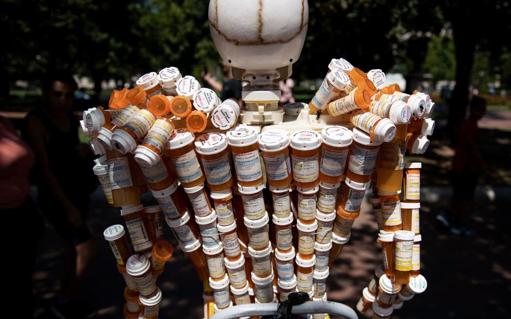Pill Man, a skeleton made from Frank Huntley's oxycontin and methadone prescription bottles, is seen on Pennsylvania Avenue August 30, 2019, in Washington, DC.