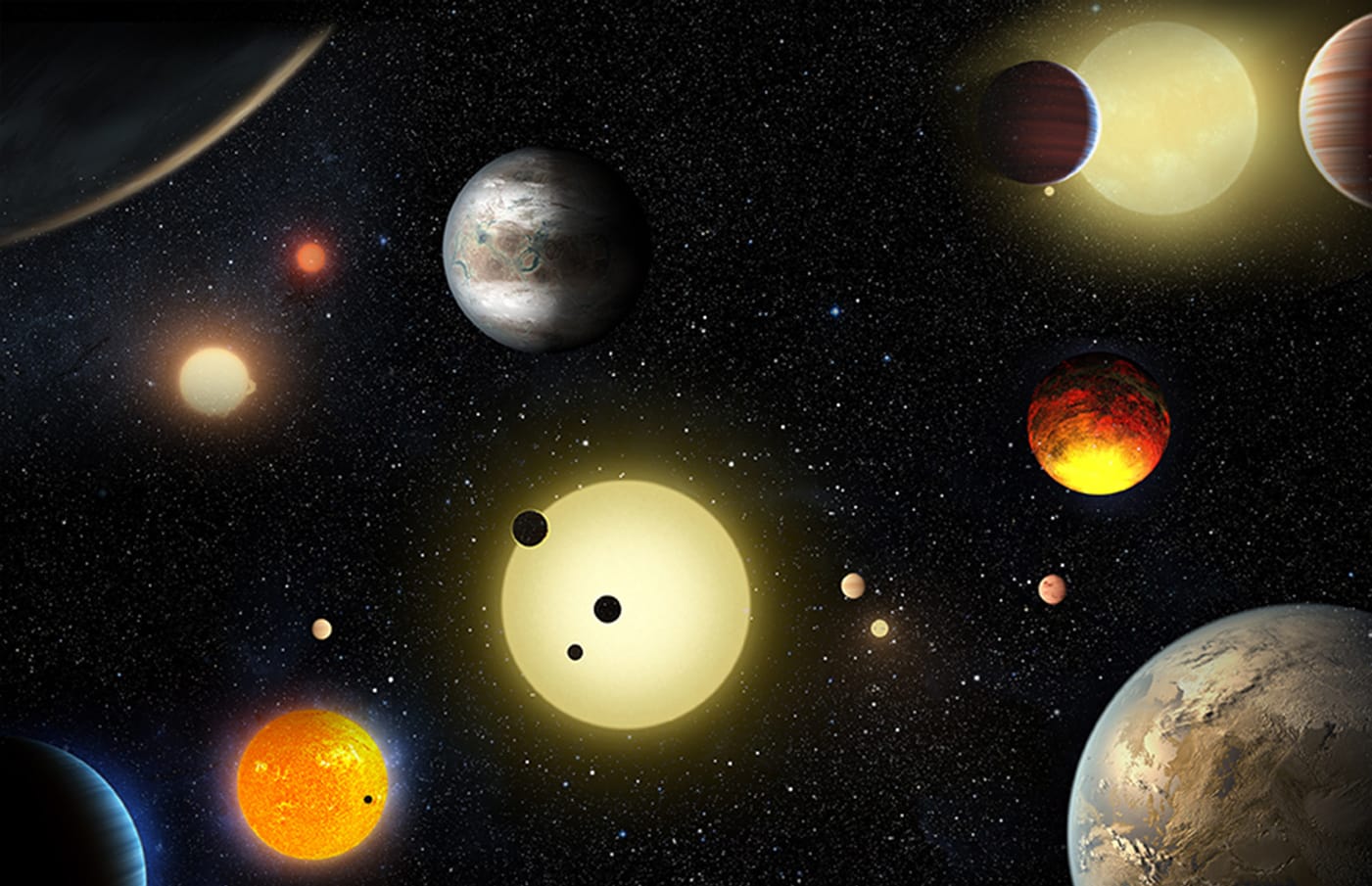 This artist's concept depicts select planetary discoveries made to date by NASA's Kepler space telescope.