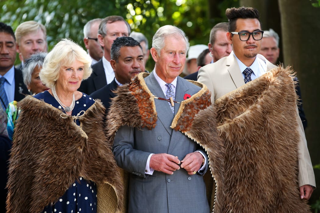 Prince Charles and Camilla wear korowai presented to the the Queen and Prince Philip on their New Zealand tour in 1954.