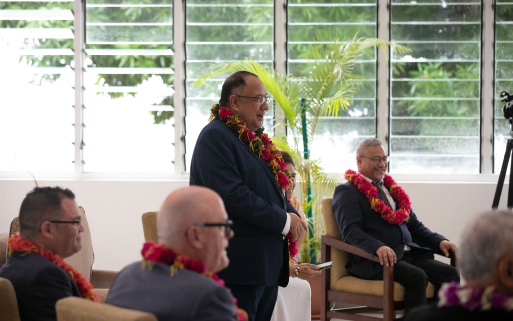 Parliament Speaker Adrian Rurawhe responds to the welcome for his delegation at an ava ceremony in Apia.