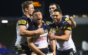 Ben Spina celebrates his try for The Cowboys during the NRL Rugby League match against the Warriors at Mt Smart Stadium, Auckland. 22 August 2015.