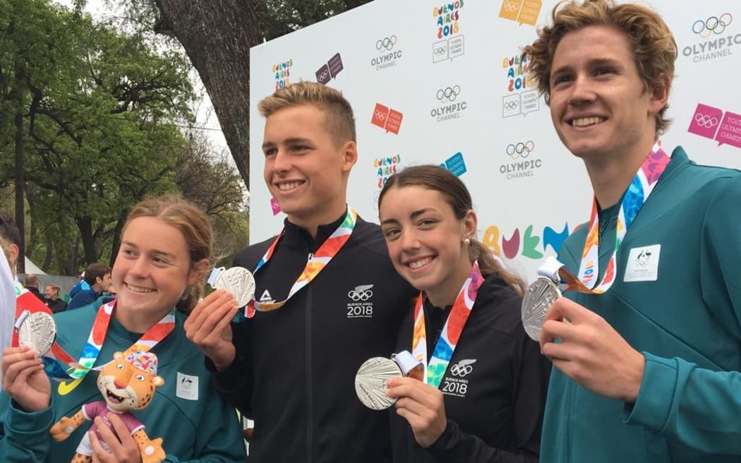 New Zealand-Australia Youth Olympics triathlon team.
L to R Charlotte Derbyshire, Dylan  McCullough, Brea Roderick and and Joshua Ferris.