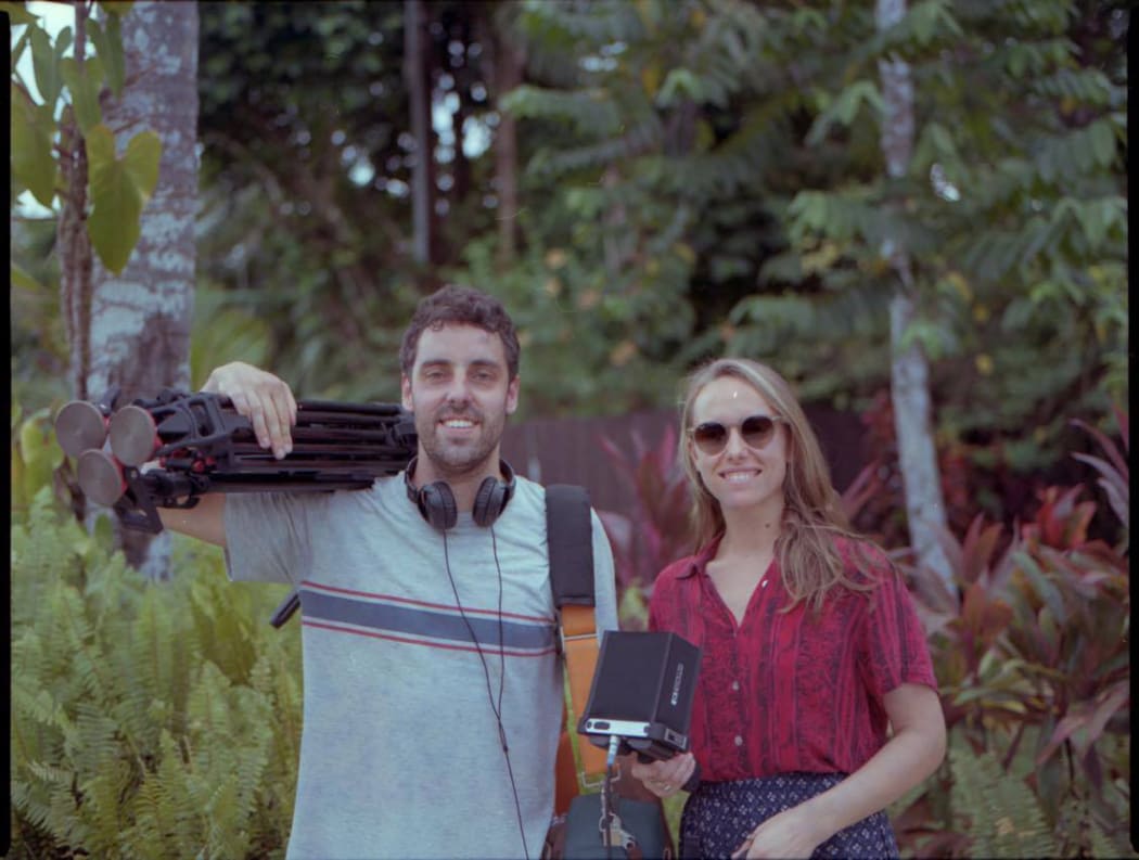 Director and producer Ursula Grace with cinematographer Tim Flower in Samoa shooting Wireless Doc, Aupito - the High Chief. Tim received a bronze award from the New Zealand Cinematographers Society for his work on the film.
