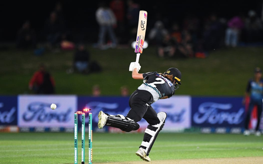 New Zealand player Emma McLeod is bowled during the 1st T20 International New Zealand White Ferns v Sri Lanka.