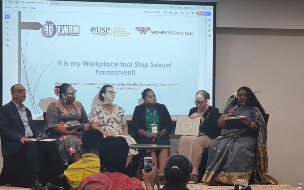 (L-R) - Panelists on the Gender and Media in the Pacific: Examining Violence that Women Face with Media. Dr Shailendra Bahadur Singh, Lice Movono, Jacqui Berrell, Georgina Kekea, Laisa Bulatale and Nalini Singh