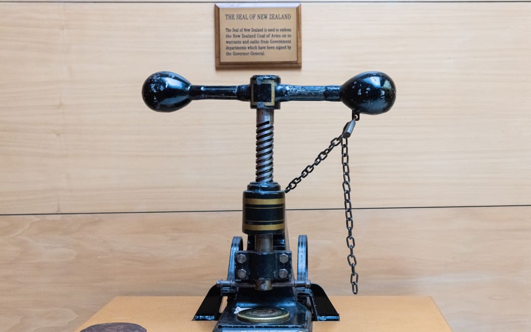 In one of the cabinet room's alcove is this press. It's not just an artifact. It is still used to emboss the New Zealand Coat of Arms onto official documents signed by the Governor-General.