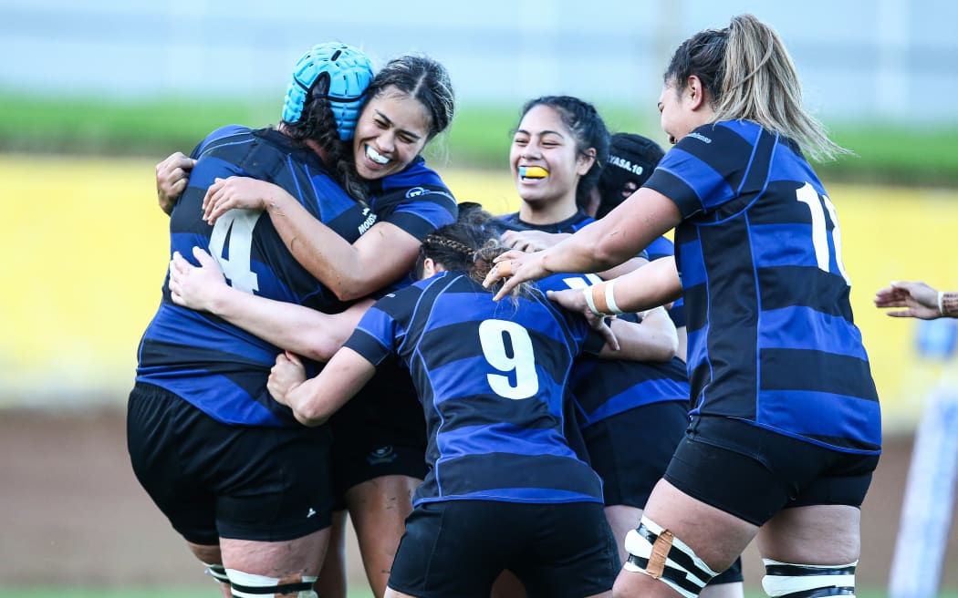 Daynah Nankivell of Ponsonby celebrates her try with team mates during the Coleman Shield Final against Marist Brothers Old Boys, 2024.