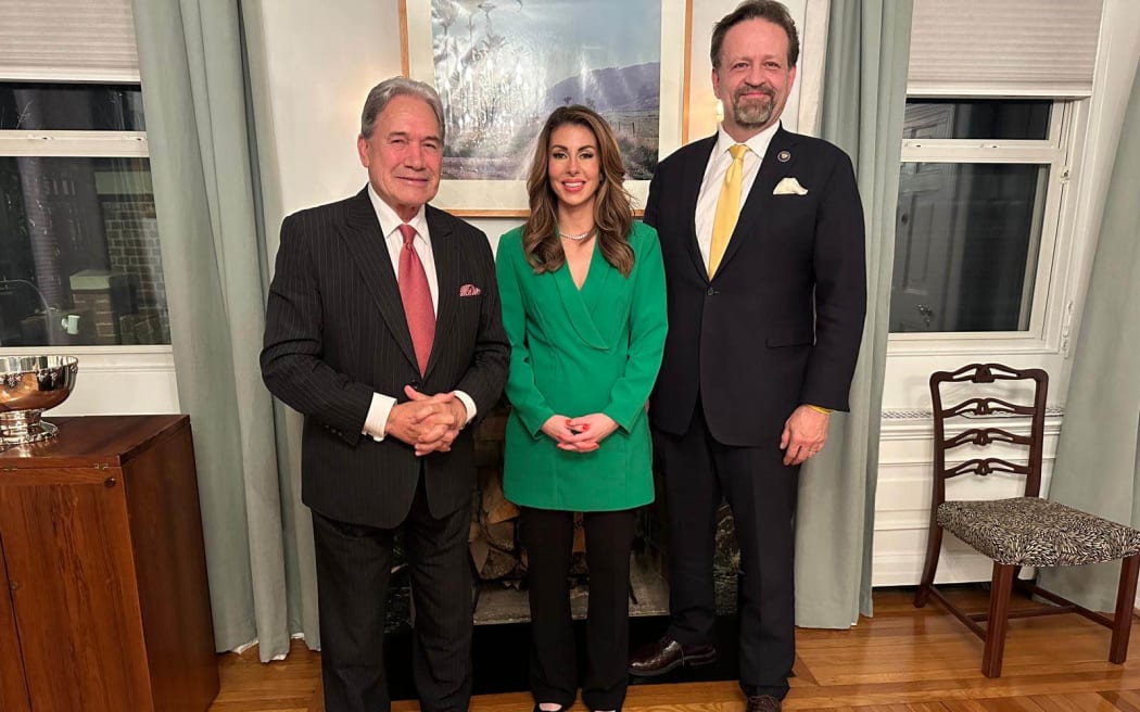 Winston Peters at the NZ Ambassador’s residence in Washington DC with senior Trump administration officials Sebastian Gorka (deputy assistant to the President, senior director for Counterterrorism), and Morgan Ortagus (Deputy Special Envoy for the Middle East).
