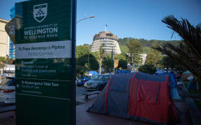 Protesters remain camped outside of Victoria University of Wellington's Pipitea campus