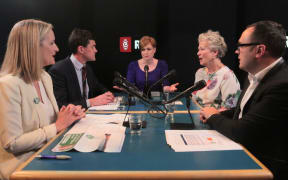 Susie Ferguson (centre) and the four Wellington mayoral candidates (from left to right) Jo Coughlan, Justin Lester, Nicola Young and Nick Leggett.