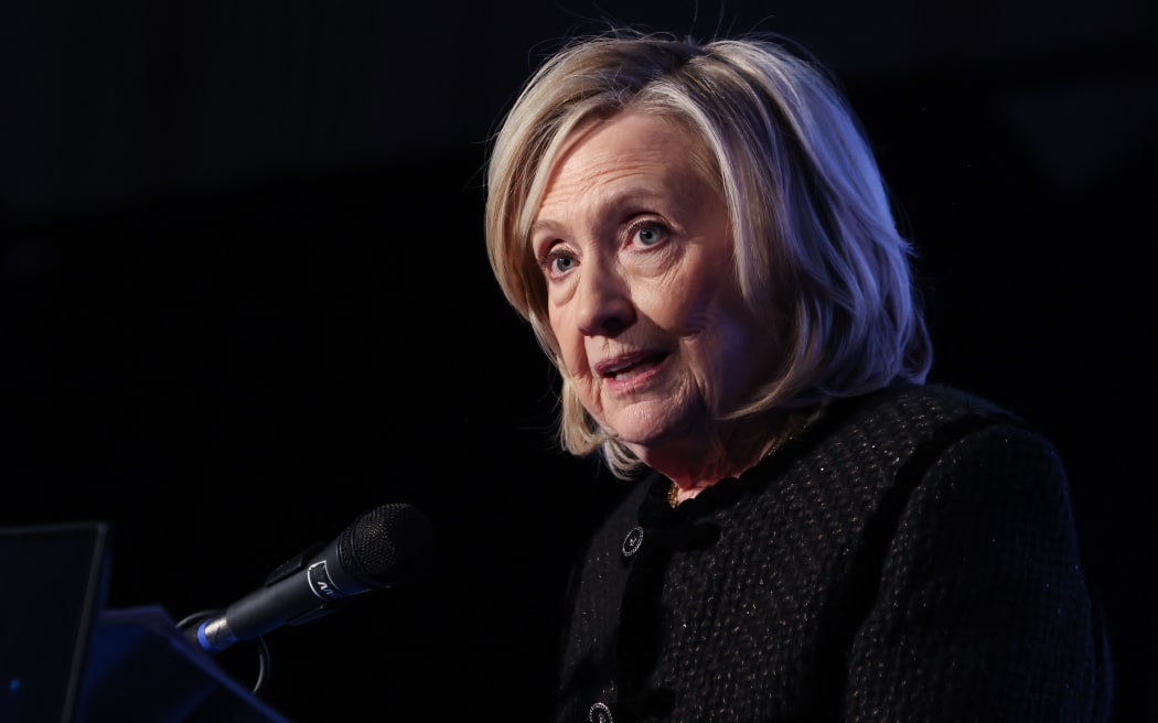 Former US Secretary of State Hillary Clinton speaks on stage as she attends the The World Forum 2026 on February 16, 2026.