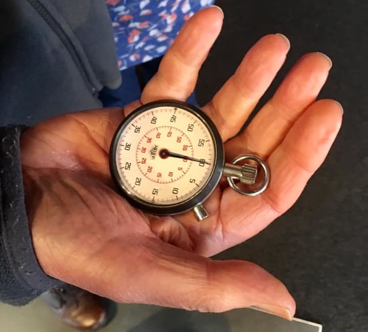 Composer Lyell Cresswell and his vintage stopwatch
