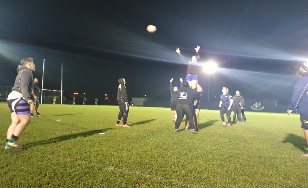 The Petone women's team practicing lineouts.