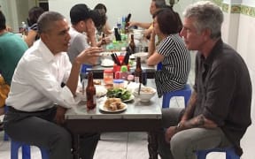 Barack Obama and Anthony Bourdain share a meal in Vietnam in a 2016 episode of the CNN television show Parts Unknown
