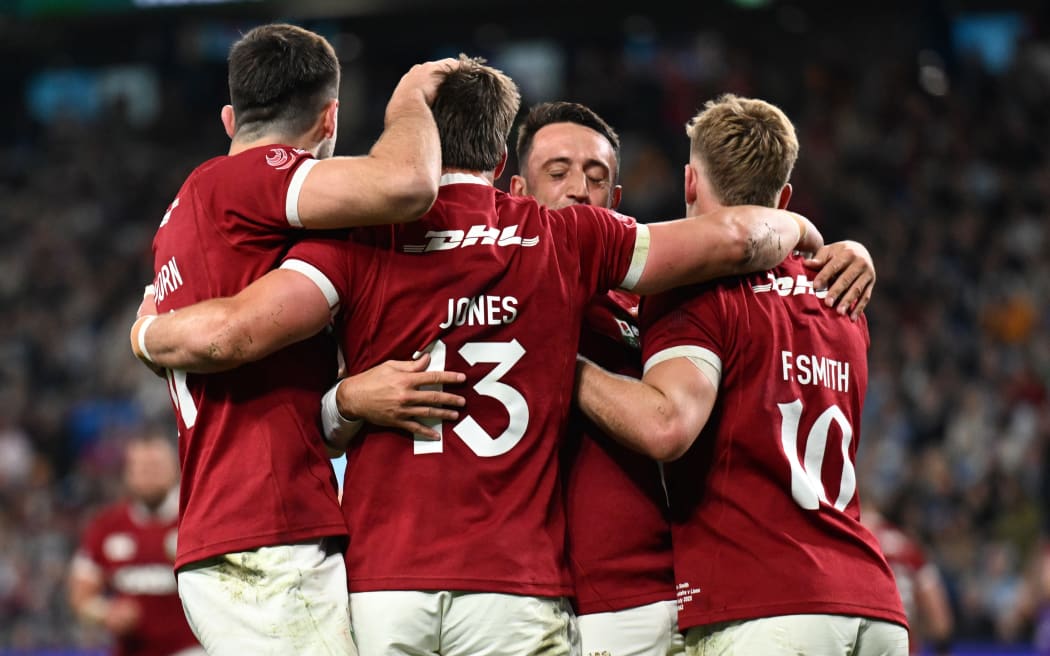 The Lions celebrates a try against the Waratahs, 2025.