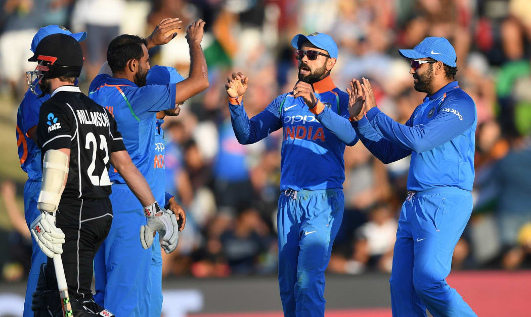 India celebrate the dismissal of Black Caps captain Kane Williamson.